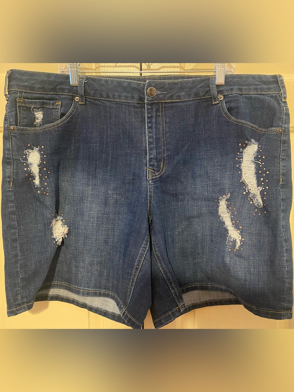 Lane Bryant Dark Blue Distressed Denim Women’s Shorts with Rhinestone Detail
